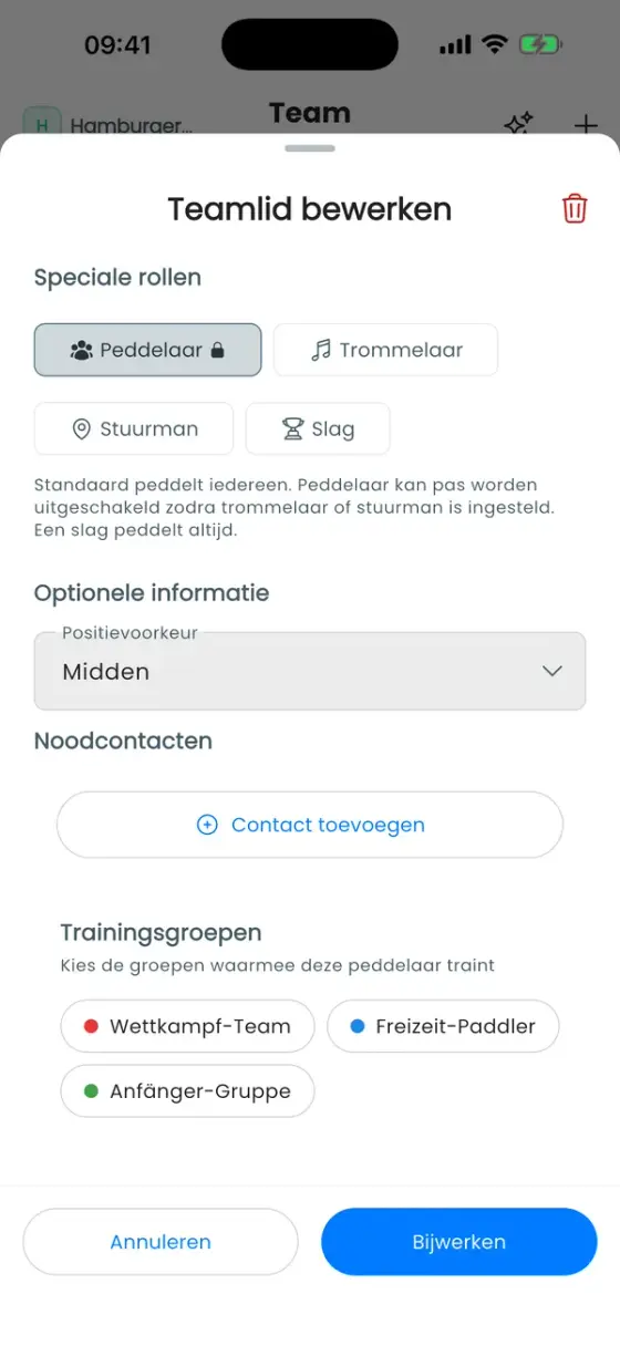 Sectie Speciale rollen met Peddelaar, Trommelaar, Stuurman en Slag, en de positievoorkeur