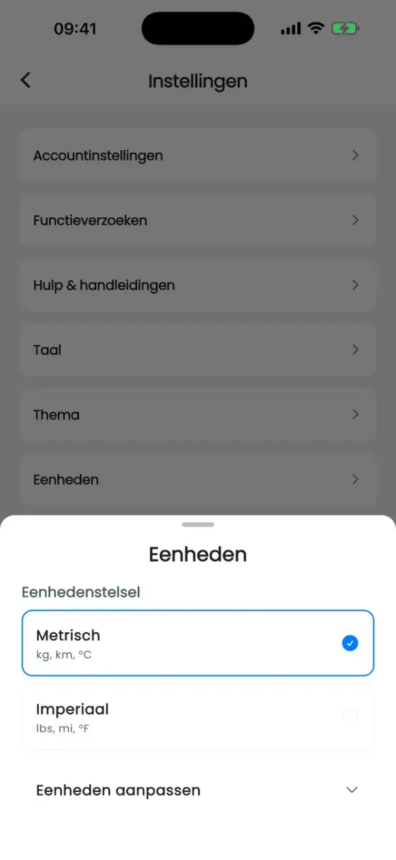 Venster Eenheden met Metrisch en Imperiaal en een sectie Eenheden aanpassen