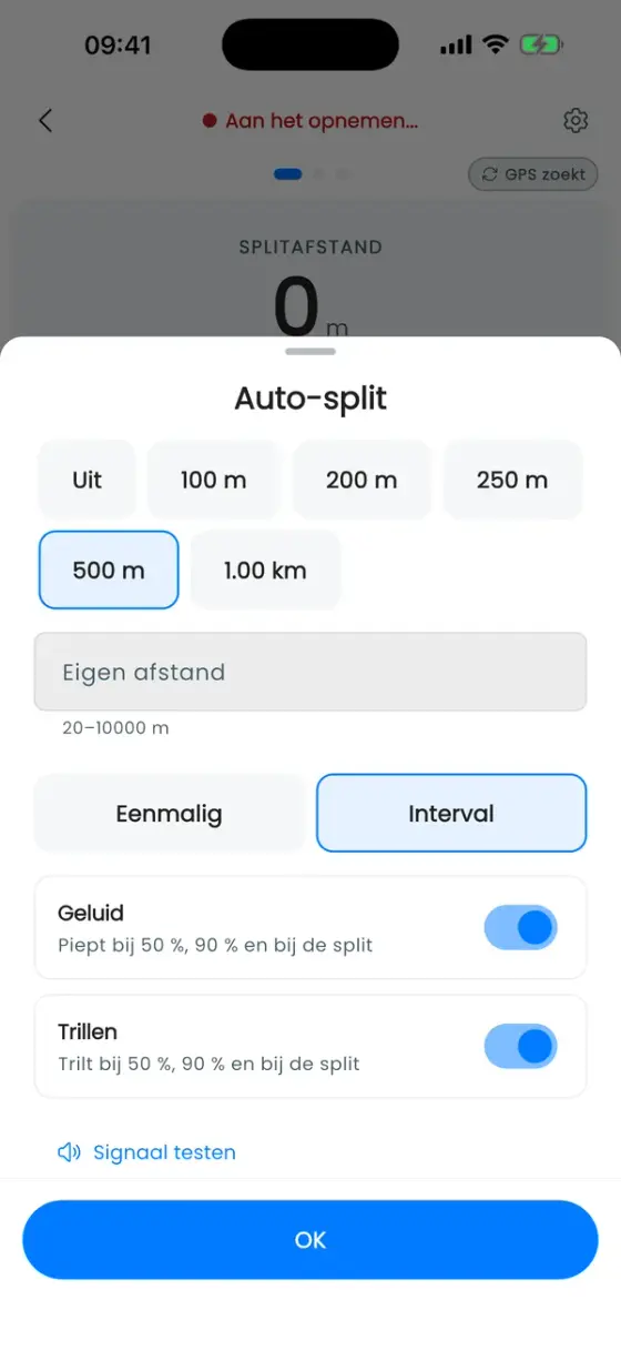Venster Auto-split met afstandsopties, 500 m geselecteerd, eigen afstand, Interval en Eenmalig, en schakelaars voor geluid en trillen