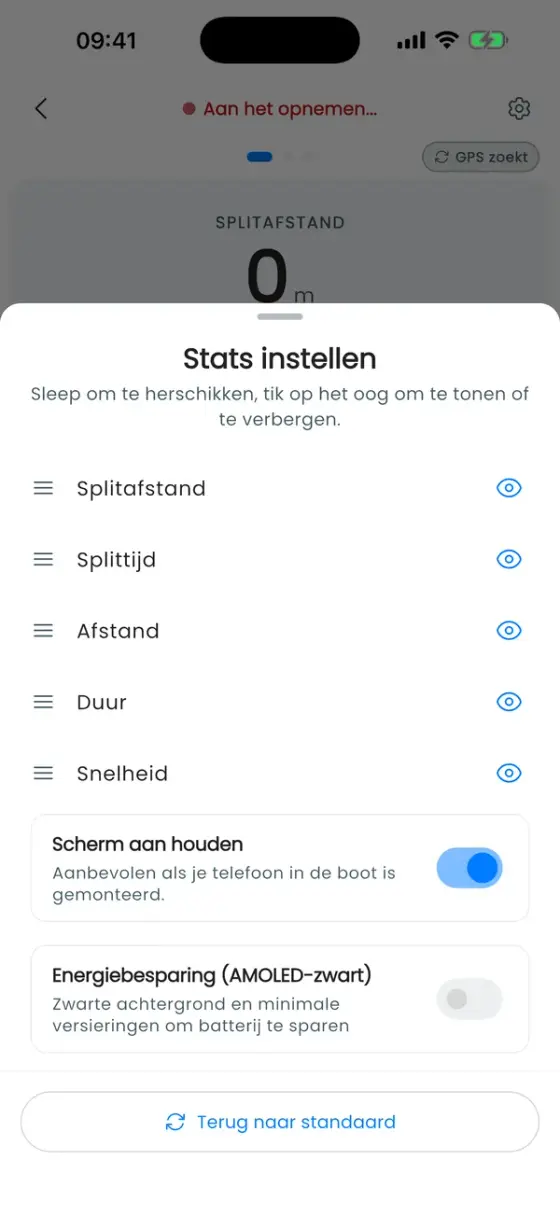 Venster om live cijfers te ordenen en te verbergen, met Scherm aan houden en een spaarstand