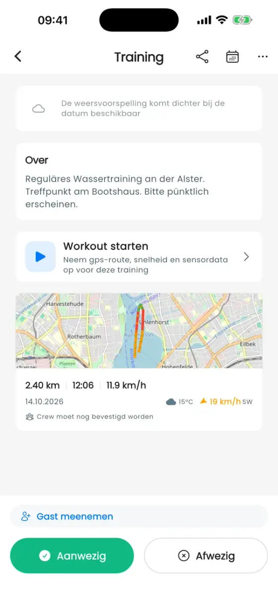 Trainingspagina met een workoutkaart met routethumbnail, 2,40 km, 12:06 en 11,9 km/u