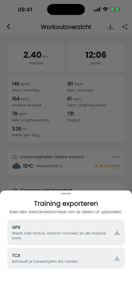 Venster Workout exporteren met GPX en TCX
