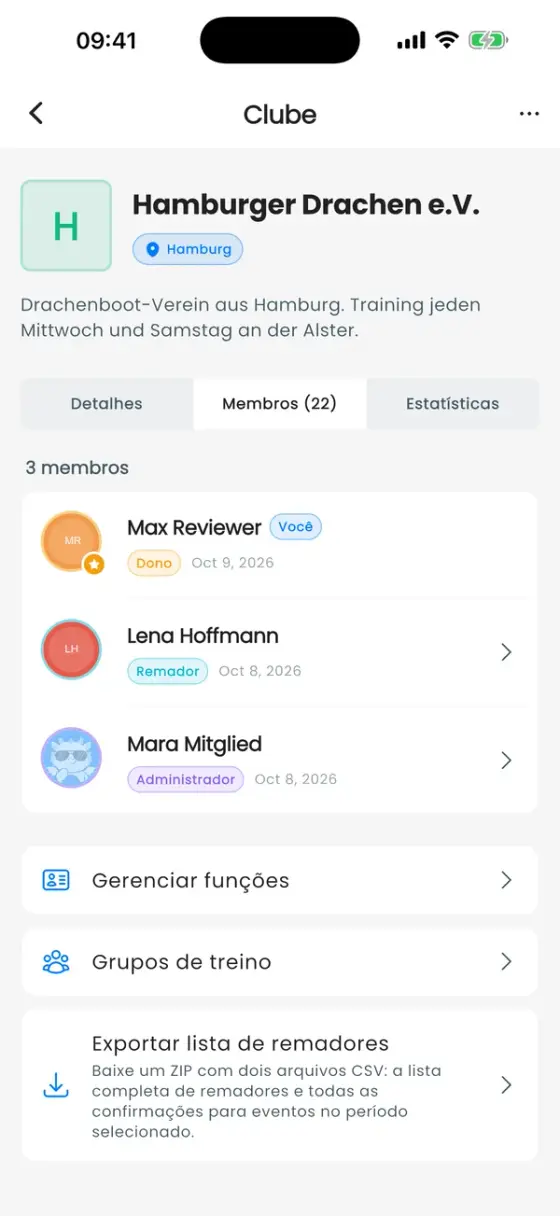 Tela do clube, aba Membros, listando membros com selos de função e, embaixo, as linhas Gerenciar funções, Grupos de treino e Exportar lista de remadores