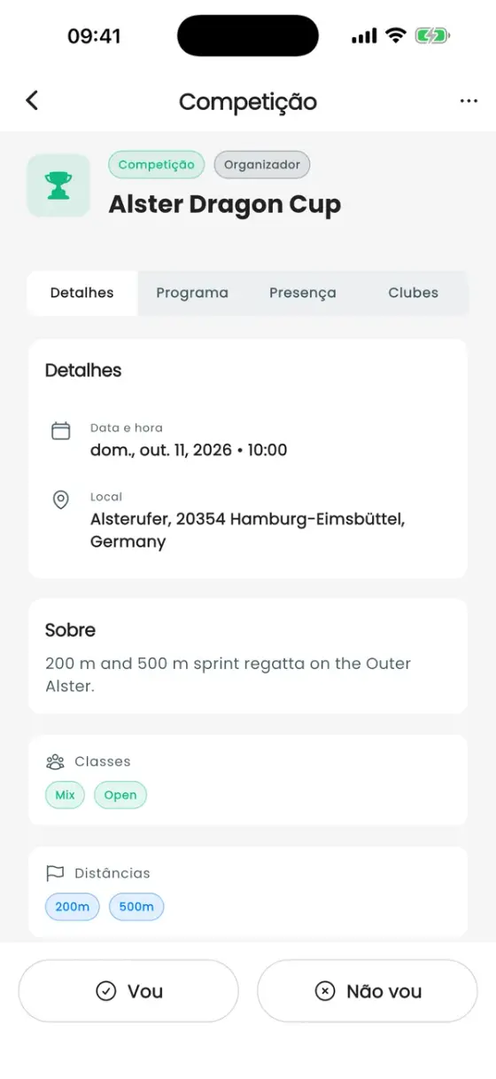 Página de detalhes da competição com data, local, classes e distâncias