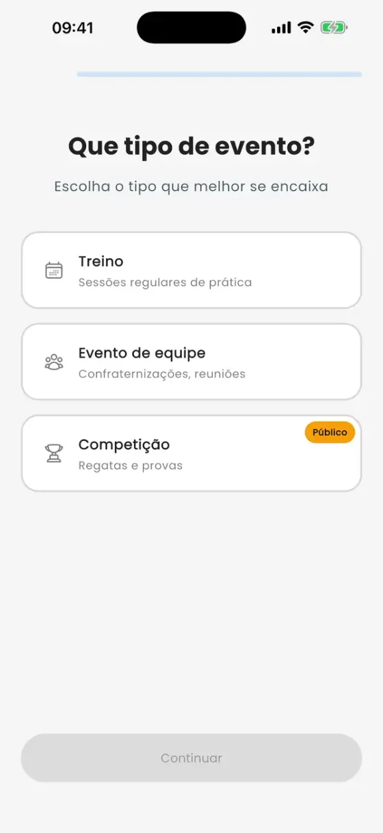 Tela Que tipo de evento? com Treino, Evento de equipe e Competição