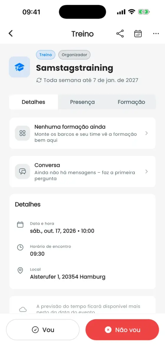 Página de detalhes do treino com os botões Vou e Não vou na parte de baixo