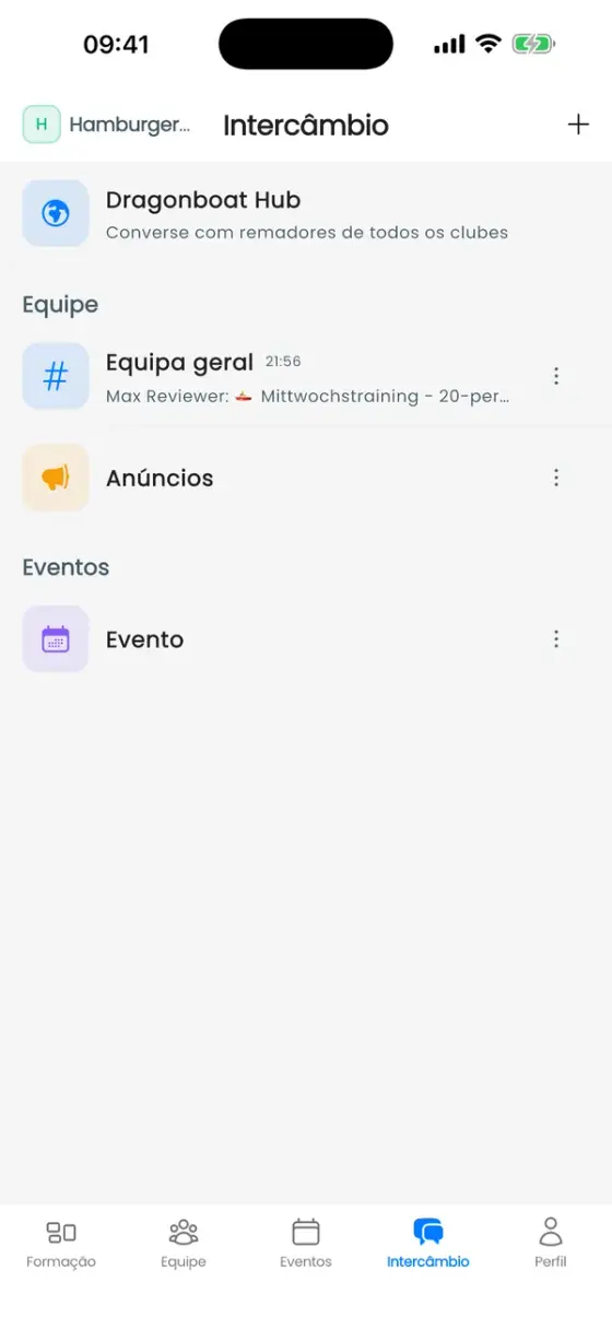 Aba Intercâmbio com Dragonboat Hub, Equipa geral, Anúncios e um canal de evento