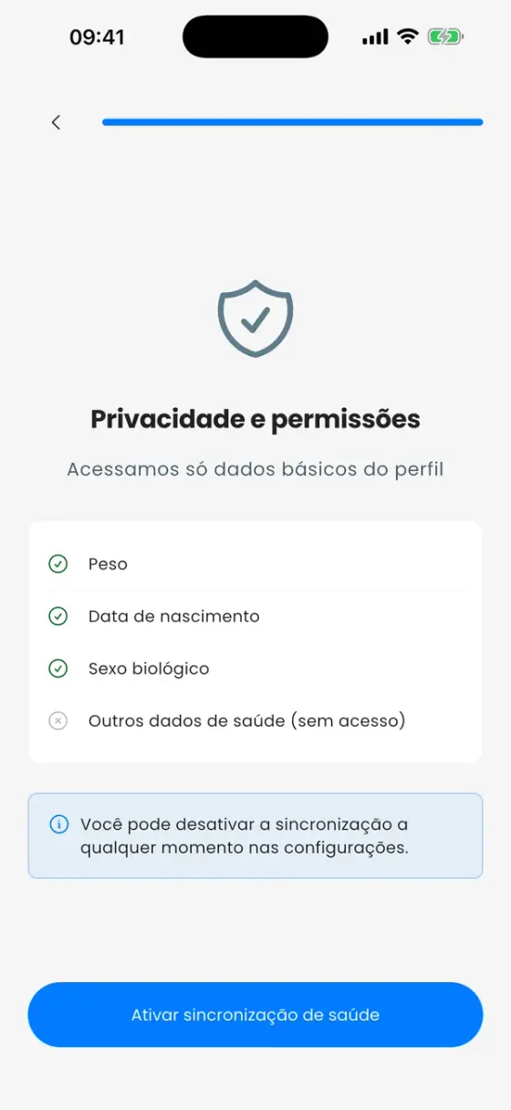 Tela Privacidade e permissões listando dados de peso, data de nascimento e sexo biológico