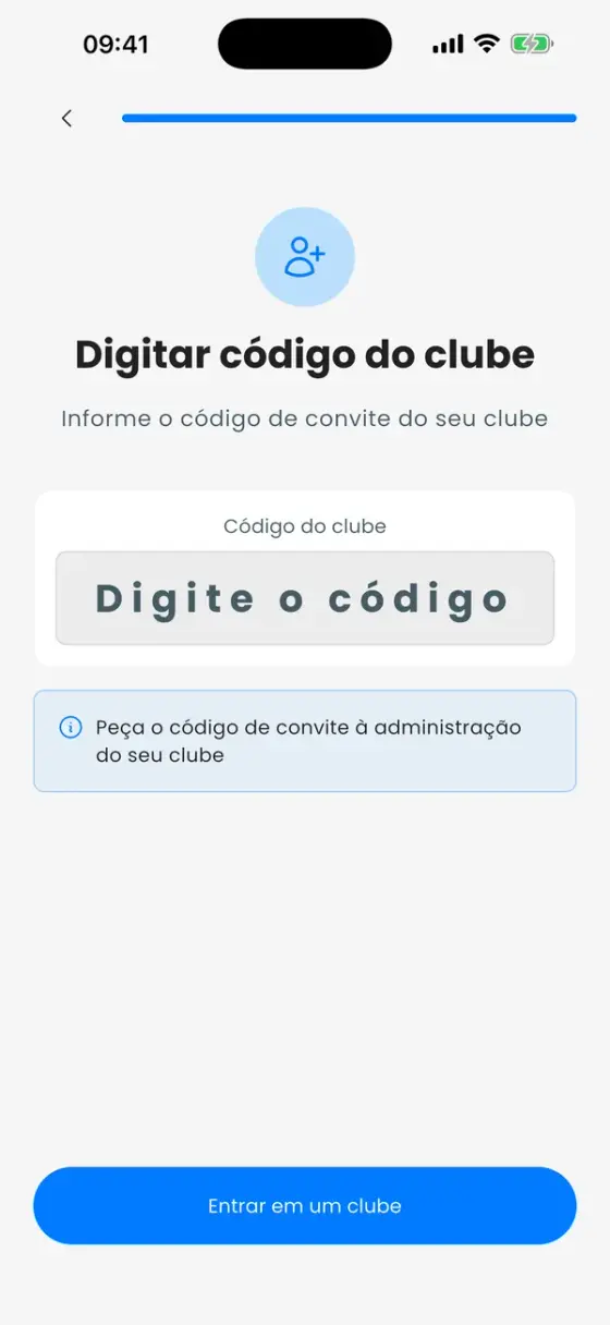 A tela Digite o código do clube com um campo de código e um botão Entrar em um clube