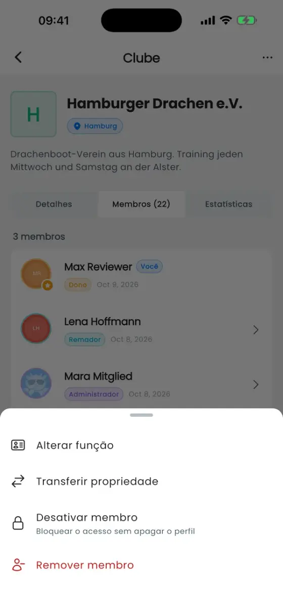 Folha de ações de um membro com Alterar função, Transferir propriedade, Desativar membro e Remover membro