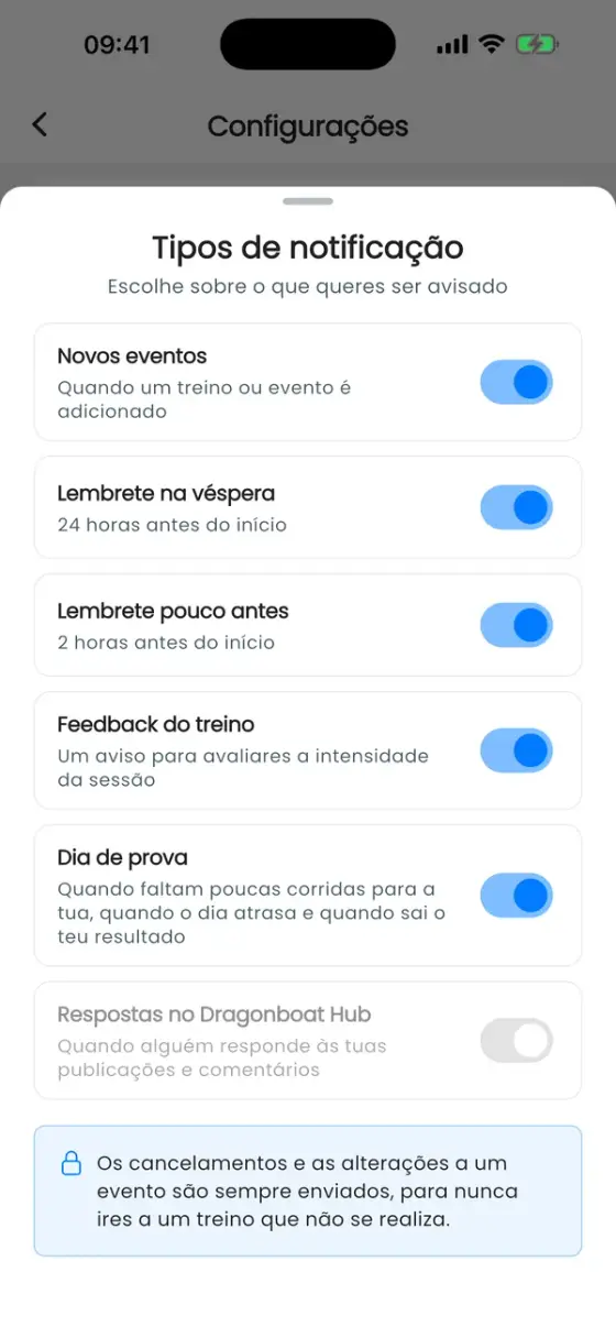 Folha Tipos de notificação com chaves para novos eventos, lembretes, feedback do treino, dia de prova e respostas no Hub
