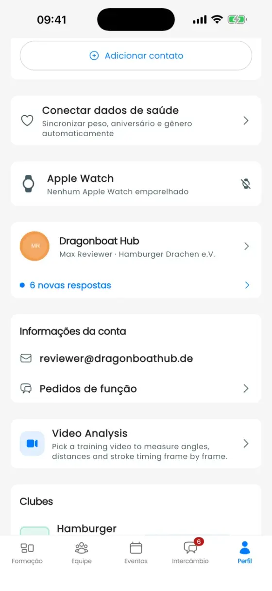 Perfil com o card Conectar dados de saúde e o card Apple Watch