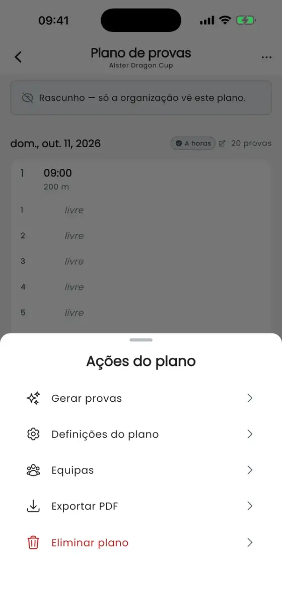Folha de ações do plano com Gerar provas, Configurações do plano, Equipas, Exportar PDF e Excluir plano