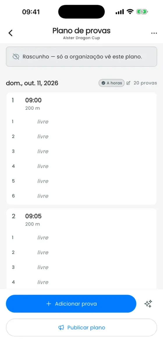 Editor do plano de provas com um aviso de rascunho e provas às 09:00 e 09:05