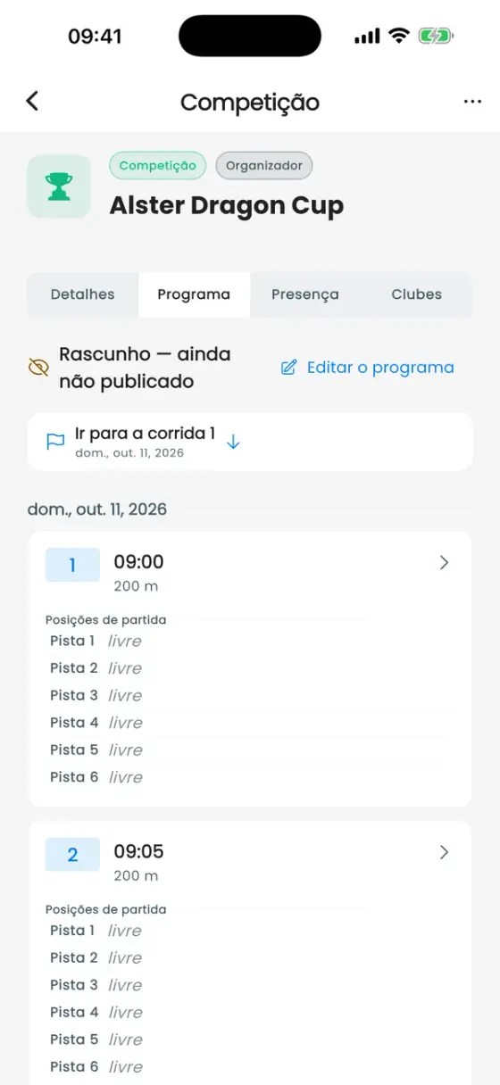 Aba Programa de uma competição com provas e raias