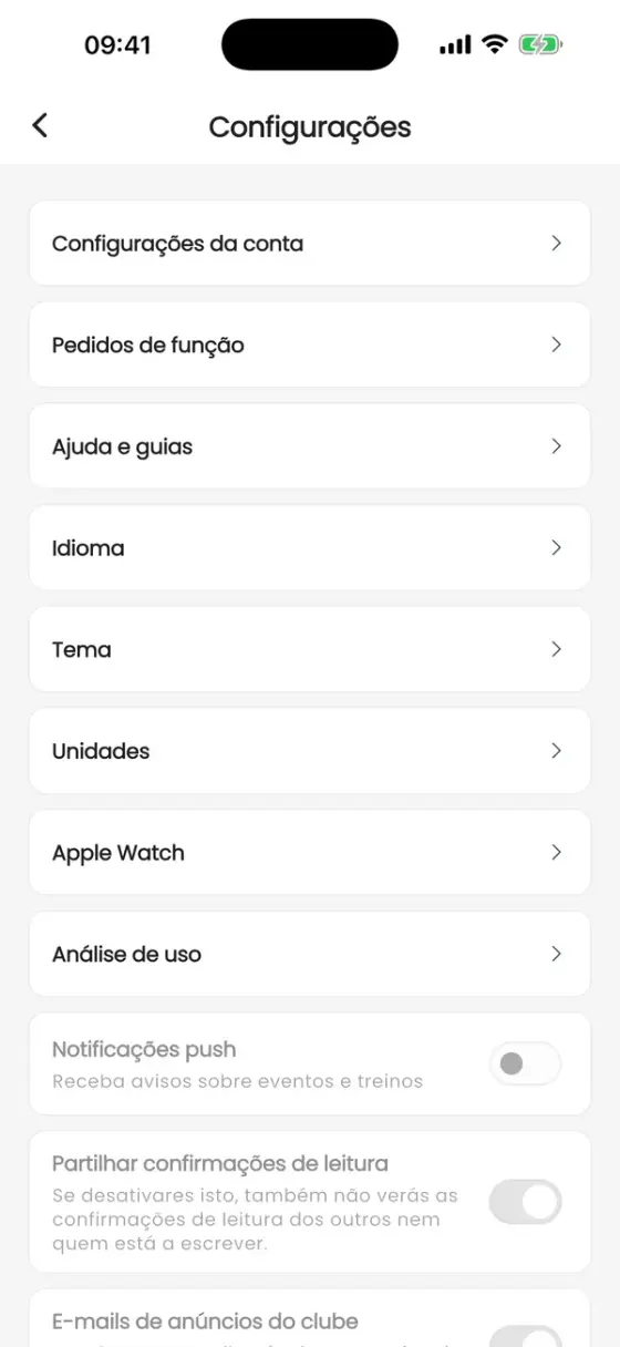 Tela de configurações com Configurações da conta, Pedidos de função, Ajuda e guias, Idioma, Tema, Unidades e opções de notificação