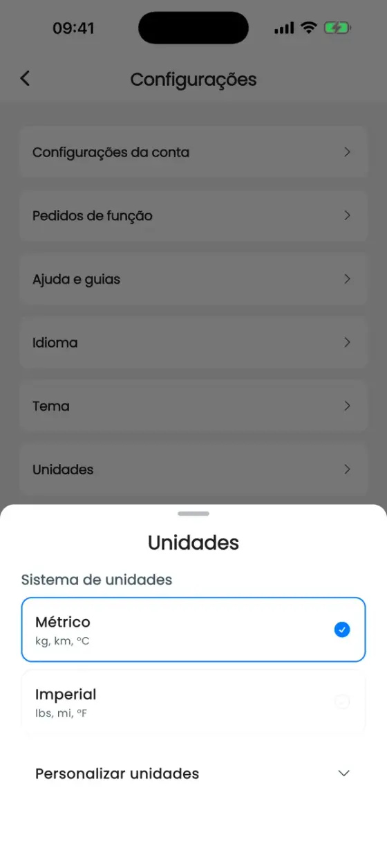 Folha Unidades com Métrico e Imperial e uma seção Personalizar unidades